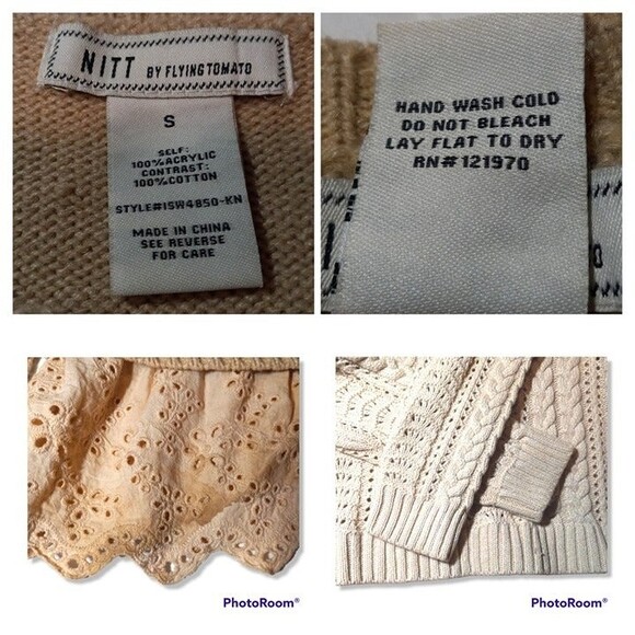 Nitt by Flying Tomato Small Cable Knit Sweater-Crochet-Eyelet-Tan-L/S-Flaw - Picture 4 of 5